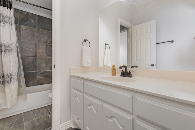 full bathroom with shower / bathtub combination with curtain, vanity, and toilet