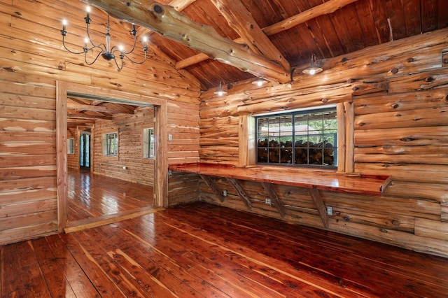 bathroom featuring wood ceiling, wood-type flooring, beam ceiling, and rustic walls