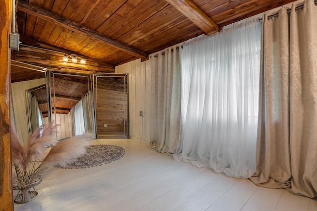 empty room featuring wood ceiling, lofted ceiling with beams, and wood walls