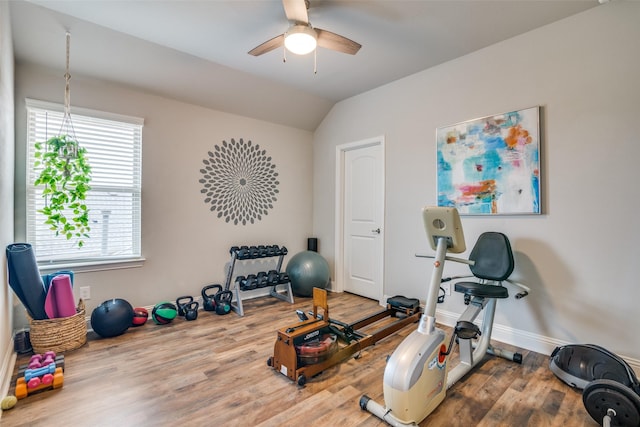 workout room featuring lofted ceiling, hardwood / wood-style flooring, and ceiling fan