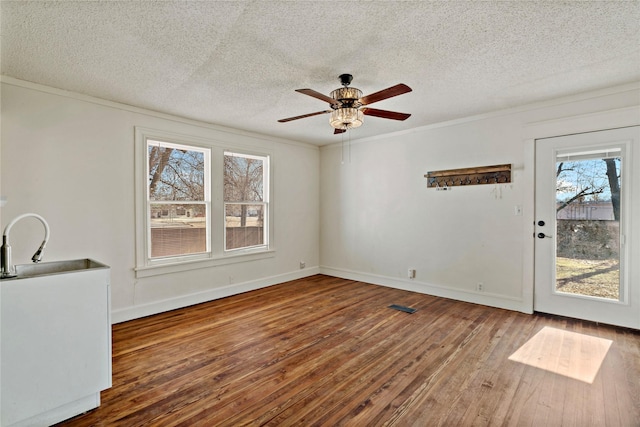 interior space with crown molding, sink, hardwood / wood-style floors, and a textured ceiling