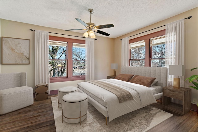 bedroom with dark hardwood / wood-style flooring, multiple windows, and a textured ceiling