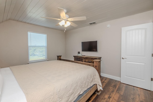 bedroom with dark hardwood / wood-style flooring, wooden ceiling, and ceiling fan