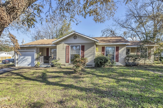 single story home featuring a garage, covered porch, and a front lawn