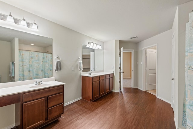 bathroom with hardwood / wood-style flooring and vanity