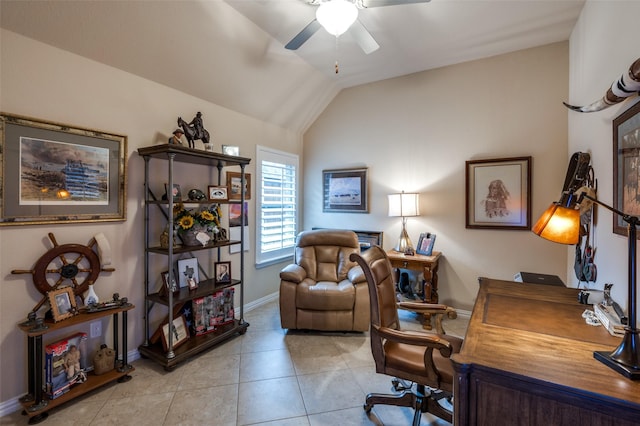 office space with lofted ceiling and ceiling fan