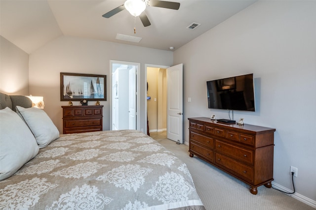 carpeted bedroom featuring vaulted ceiling and ceiling fan