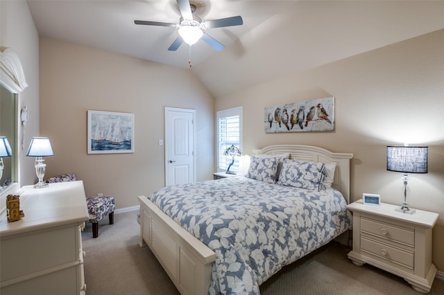 bedroom with lofted ceiling, light colored carpet, and ceiling fan