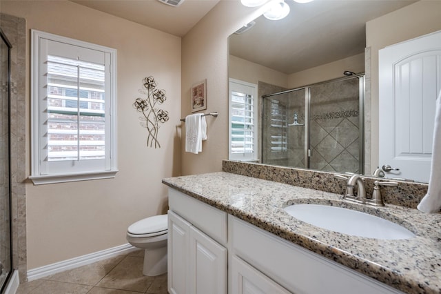 bathroom with tile patterned floors, toilet, a shower with shower door, and vanity