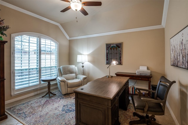 office featuring vaulted ceiling, ornamental molding, light tile patterned floors, and ceiling fan