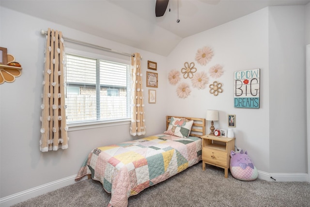 bedroom with multiple windows, lofted ceiling, carpet flooring, and ceiling fan