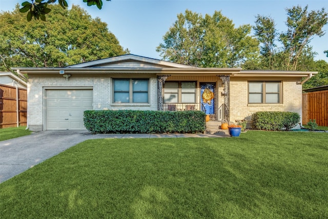 ranch-style house with a garage and a front lawn