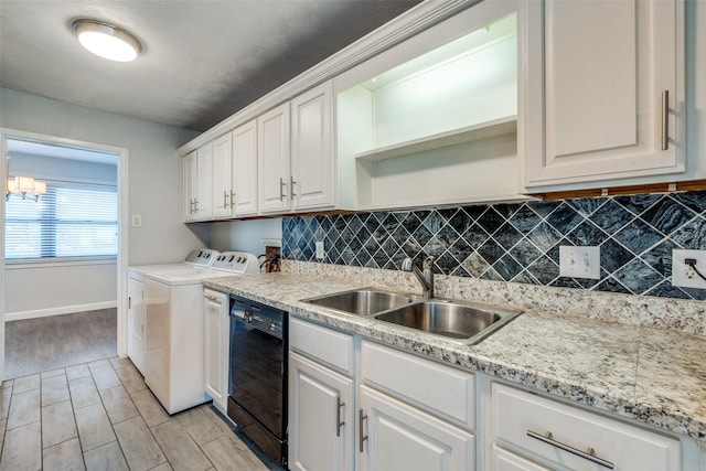 kitchen featuring tasteful backsplash, white cabinetry, black dishwasher, sink, and independent washer and dryer