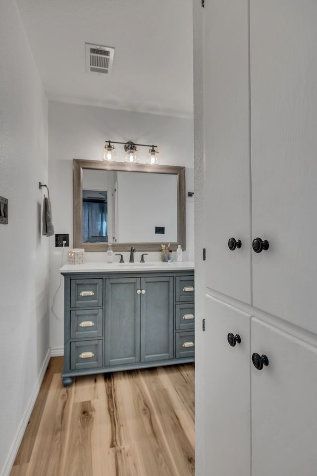 bathroom with hardwood / wood-style flooring and vanity