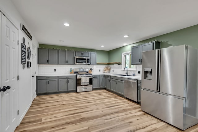 kitchen featuring sink, backsplash, light wood-type flooring, and appliances with stainless steel finishes