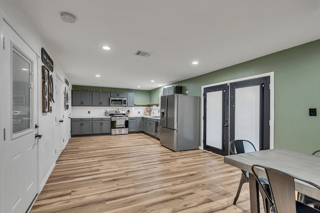 kitchen featuring french doors, gray cabinetry, light wood-type flooring, stainless steel appliances, and decorative backsplash