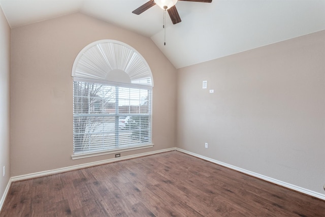 unfurnished room featuring ceiling fan, vaulted ceiling, and wood-type flooring