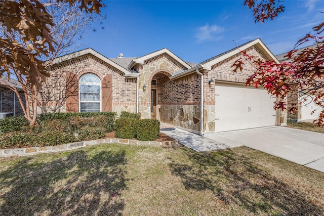 ranch-style house featuring a garage and a front yard