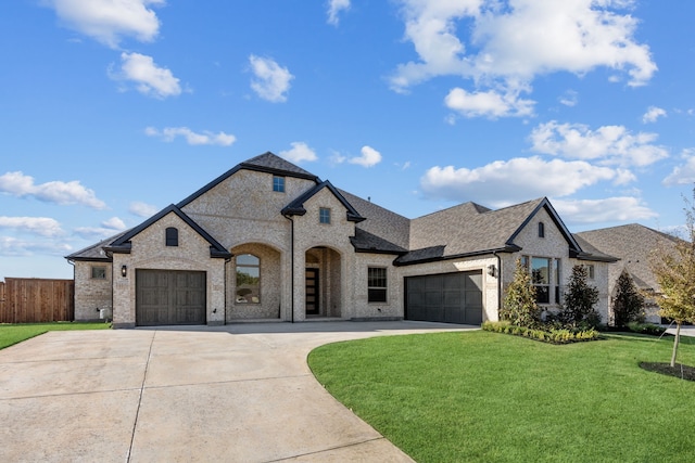 french country inspired facade featuring a garage and a front lawn