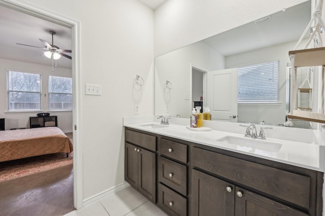 bathroom featuring vanity, tile patterned floors, and ceiling fan