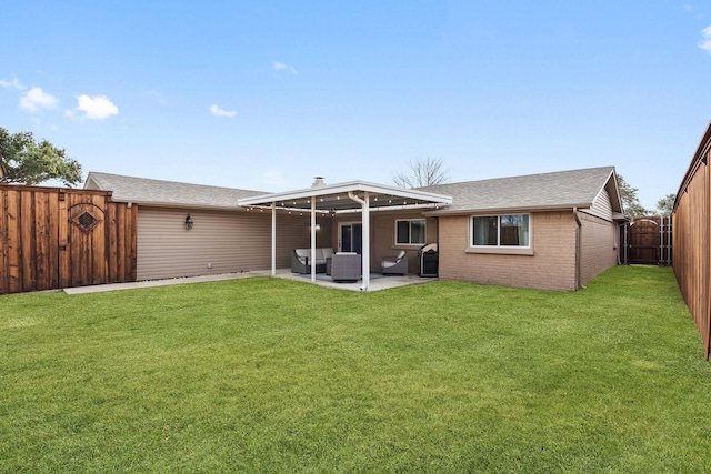 back of house with an outdoor living space, central AC unit, a patio, and a lawn