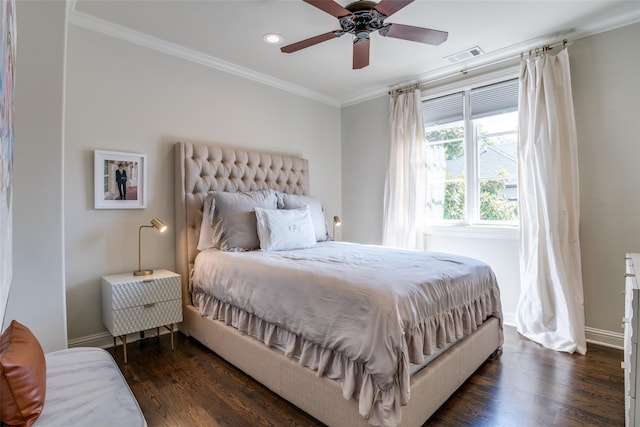 bedroom featuring dark wood-type flooring, ceiling fan, and crown molding