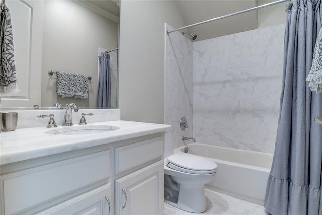 full bathroom with vanity, shower / bath combination with curtain, and toilet