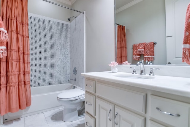 full bathroom with crown molding, vanity, tiled shower / bath combo, and toilet