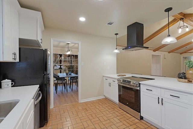 kitchen featuring white cabinetry, island range hood, stainless steel appliances, and decorative light fixtures