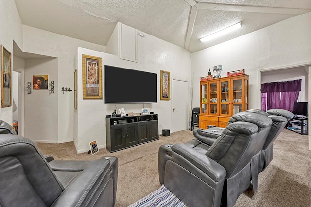 carpeted living room featuring vaulted ceiling and a textured ceiling