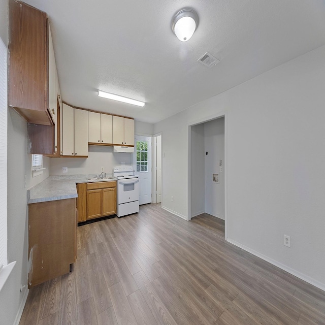 kitchen featuring white electric stove, sink, light hardwood / wood-style flooring, and a textured ceiling