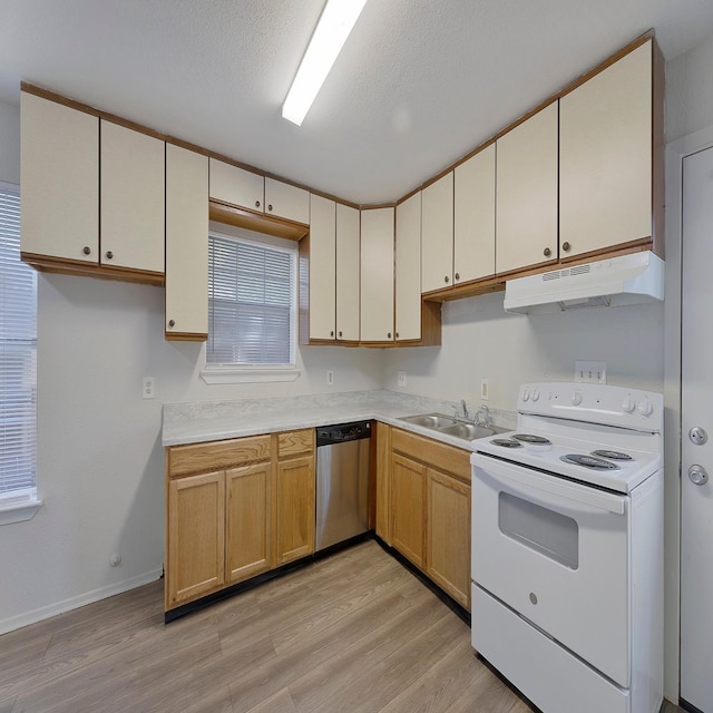 kitchen featuring white electric range oven, sink, light hardwood / wood-style flooring, a textured ceiling, and dishwasher