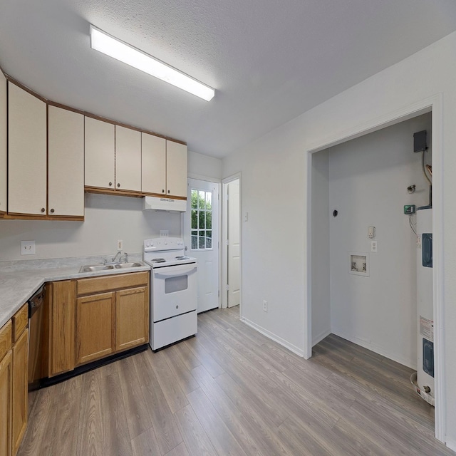 kitchen with sink, electric water heater, white electric range oven, a textured ceiling, and light wood-type flooring