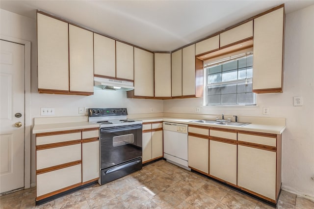 kitchen with black / electric stove, cream cabinets, white dishwasher, and sink