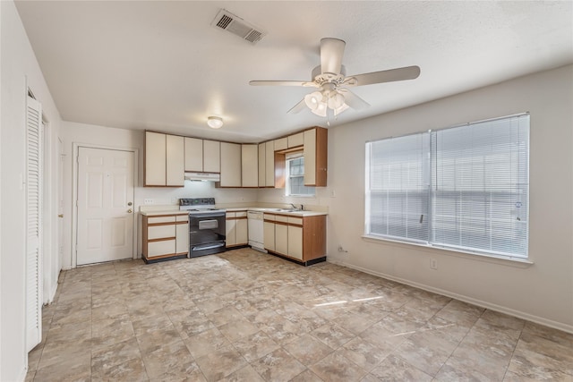 kitchen with electric stove, sink, dishwasher, and ceiling fan