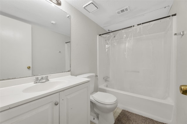 full bathroom with shower / bathtub combination with curtain, vanity, toilet, and a textured ceiling