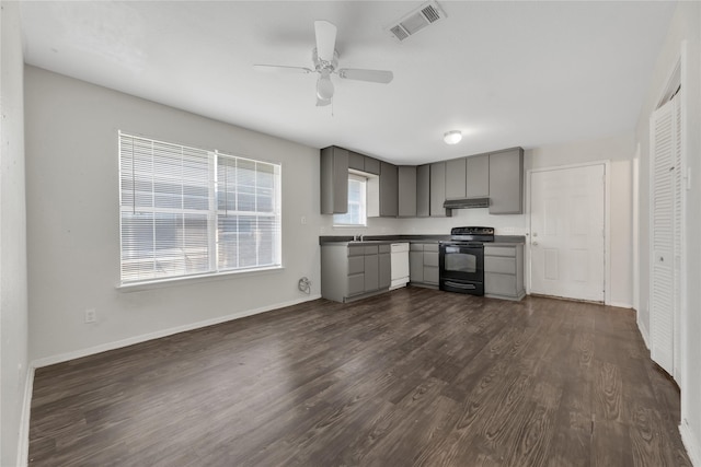 kitchen with gray cabinets, dishwasher, ceiling fan, black range with electric stovetop, and dark hardwood / wood-style flooring