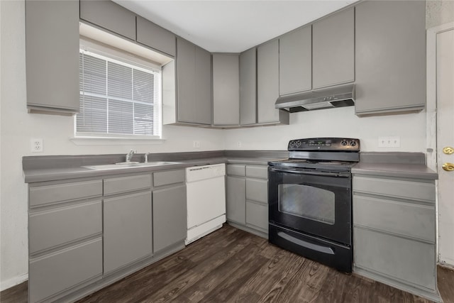 kitchen featuring sink, electric range, dark hardwood / wood-style floors, white dishwasher, and gray cabinets