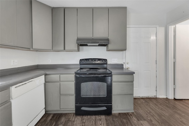 kitchen featuring gray cabinets, dishwasher, dark hardwood / wood-style floors, and electric range