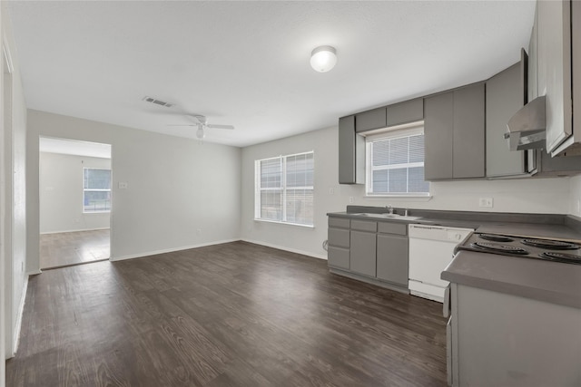 kitchen with dishwasher, sink, gray cabinetry, and a healthy amount of sunlight