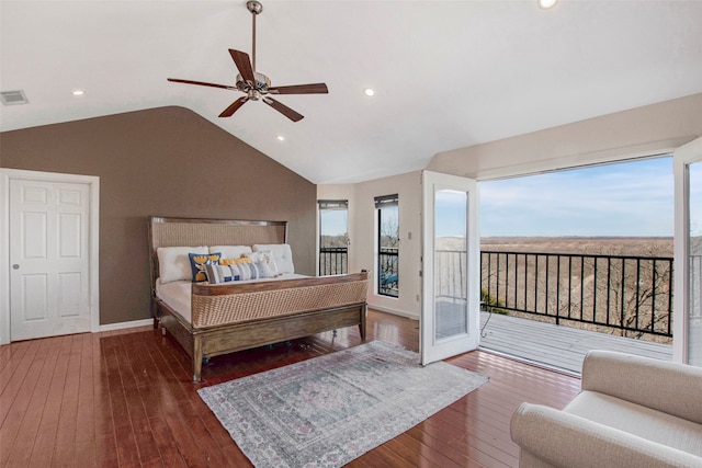 bedroom with lofted ceiling, access to outside, dark hardwood / wood-style floors, and ceiling fan