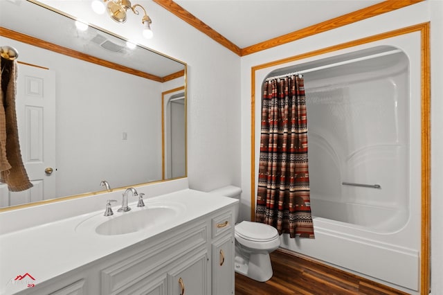 full bathroom featuring shower / tub combo, hardwood / wood-style floors, vanity, ornamental molding, and toilet