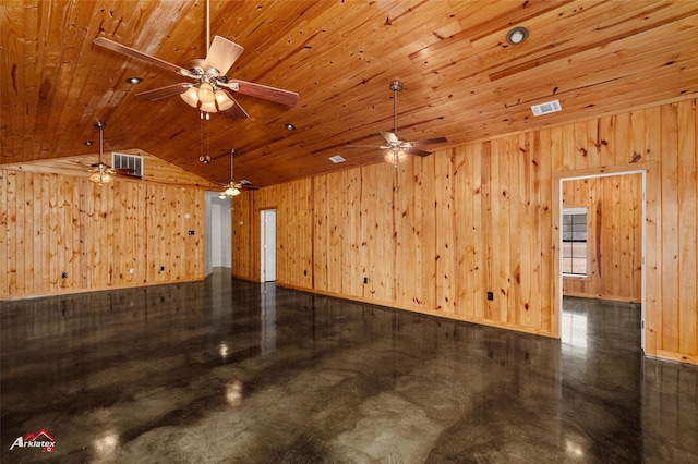 unfurnished room with vaulted ceiling, wooden ceiling, ceiling fan, and wood walls