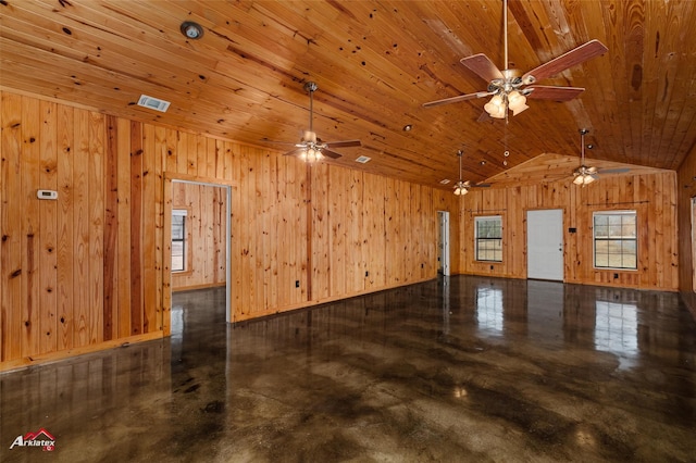 empty room with wooden ceiling, vaulted ceiling, and wood walls