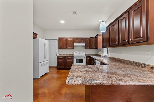 kitchen featuring sink, white appliances, hanging light fixtures, light stone countertops, and kitchen peninsula