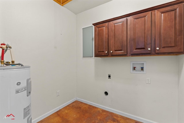 laundry room with water heater, electric dryer hookup, washer hookup, and cabinets