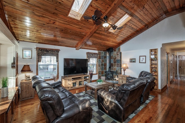 living room with hardwood / wood-style floors, a skylight, wooden ceiling, beamed ceiling, and a wood stove