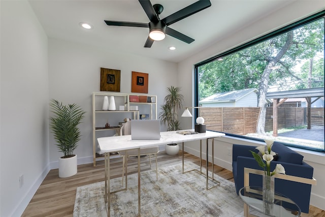 home office with ceiling fan and light hardwood / wood-style flooring