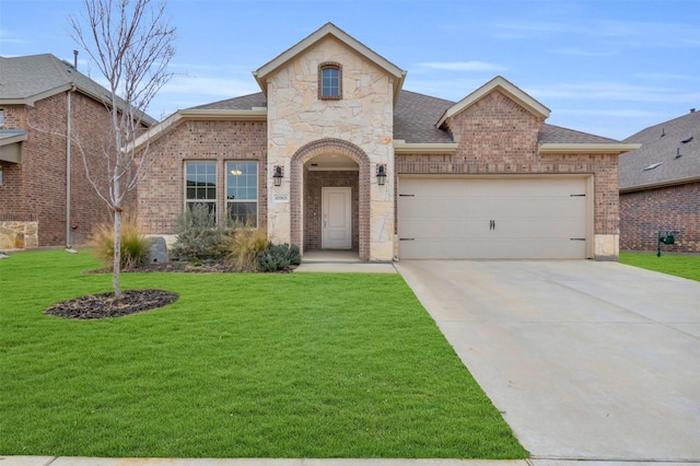 view of front of property featuring a garage and a front lawn