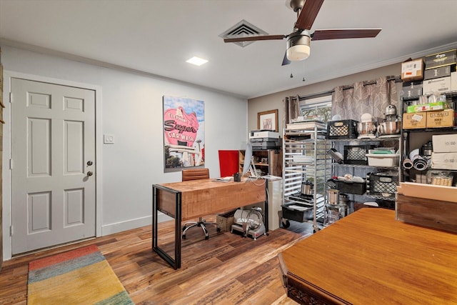 office space with hardwood / wood-style flooring and ceiling fan